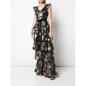 MARCHESA Notte Black Metallic Floral Jacquard Tiered Ruffle Cutout Back Gown 8US